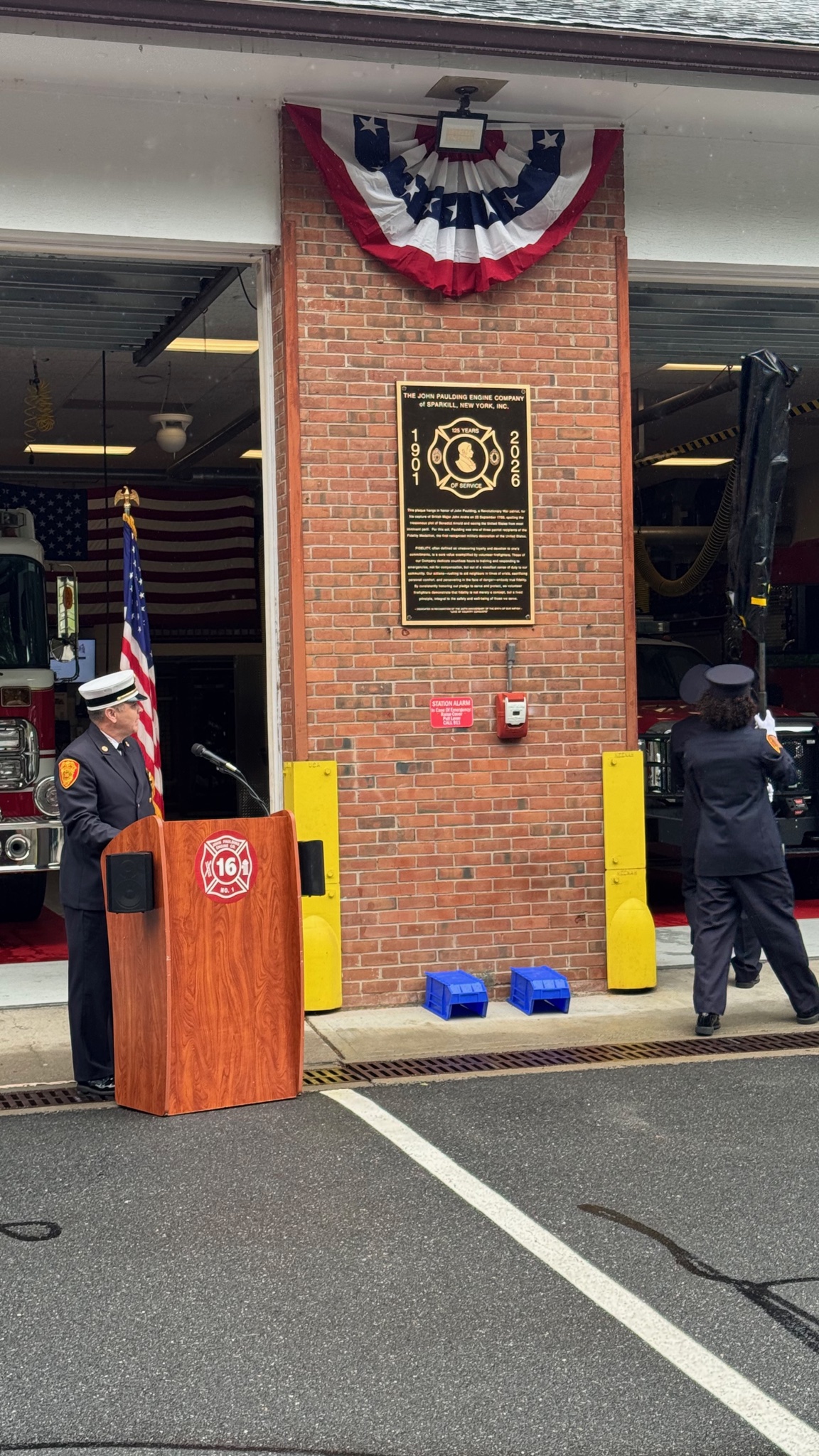 125th Anniversary Plaque Dedication ceremony at the fire station bays and podium