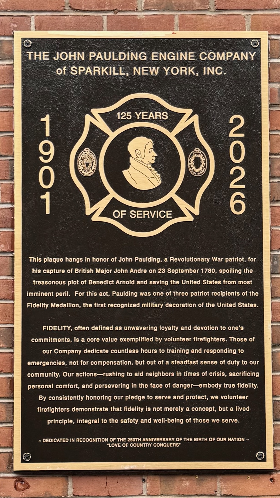 125th Anniversary Commemorative Bronze Plaque honoring John Paulding and Fidelity